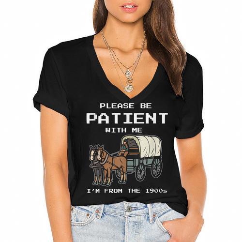 Please Be Patient I'm From The 1900s Amish Wagon & Vintage Women's Jersey Short Sleeve Deep V-Neck Tshirt				 - Figerry