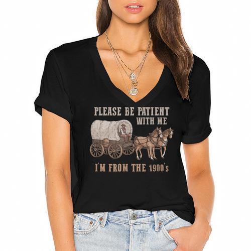 PLEASE BE PATIENT WITH ME I'M FROM THE 1900s Clever Women's Jersey Short Sleeve Deep V-Neck Tshirt - Figerry