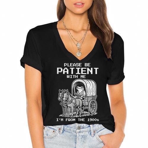 Please Be Patient With Me I'm From The 1900s Frog Women's Jersey Short Sleeve Deep V-Neck Tshirt				 - Figerry