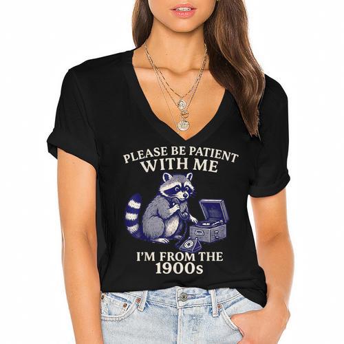 Please Be Patient I'm From The 1900s Retro Raccoon Saying Women's Jersey Short Sleeve Deep V-Neck Tshirt				 - Figerry