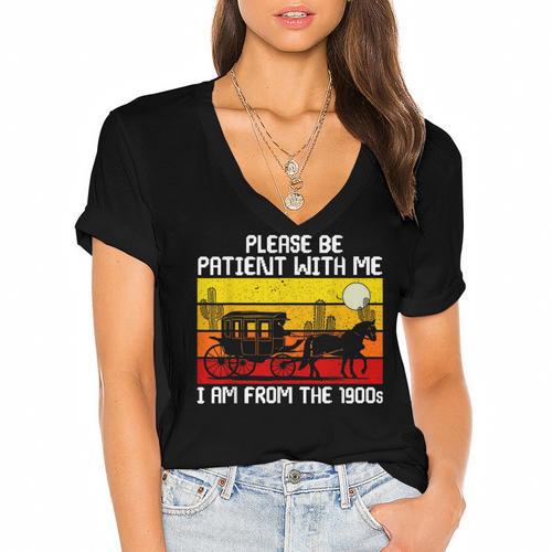 Please Be Patient With Me I'm From The 1900s Vintage Sun Set Women's Jersey Short Sleeve Deep V-Neck Tshirt				 - Figerry