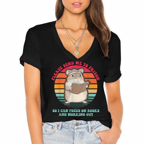 Please Send Me To Prison So I Can Focus On Books Women's Jersey Short Sleeve Deep V-Neck Tshirt				 - Bookorys