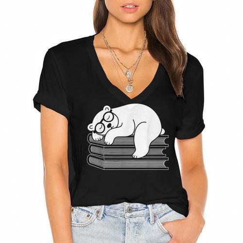 Polar Bear Reading Book Pajama Sleep Women's Jersey Short Sleeve Deep V-Neck Tshirt				 - Bookorys AU