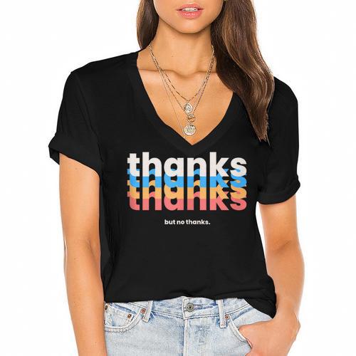 Polite Introvert Thanks But No Thanks Retro Graphic Women's Jersey Short Sleeve Deep V-Neck Tshirt - Raresse
