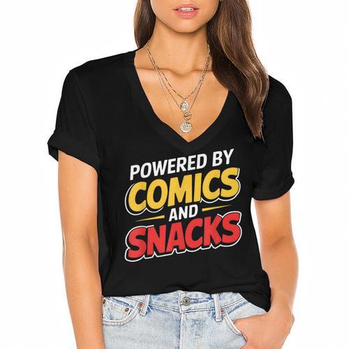 Powered By Comics And Snacks Comic Book Lover Women's Jersey Short Sleeve Deep V-Neck Tshirt				 - Bookorys DE