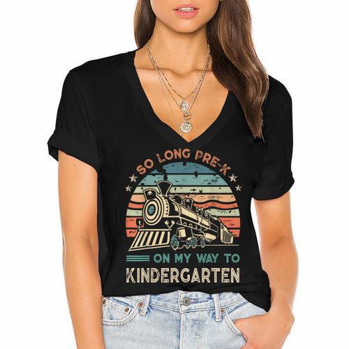 Pre-k Graduation To Kindergarten Retro Vintage Train Kids Women's Jersey Short Sleeve Deep V-Neck Tshirt				 - Best Gift Smart