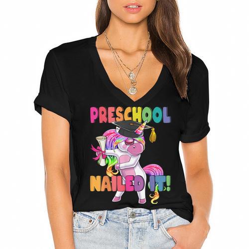 Preschool Nailed It Flossing Unicorn Graduation Shirt Women's Jersey Short Sleeve Deep V-Neck Tshirt				 - Best Gift Smart