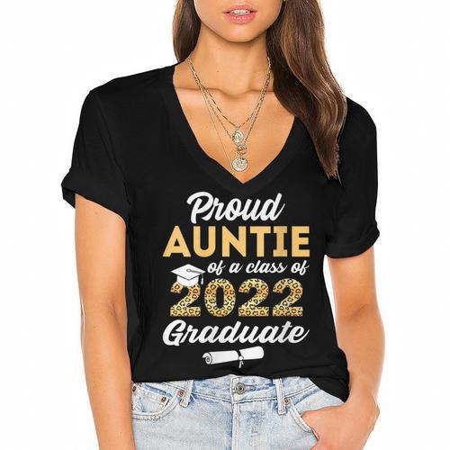 Proud Auntie Of 2022 Graduate Class 2022 Graduation Leopard Women's Jersey Short Sleeve Deep V-Neck Tshirt				 - Best Gift Smart