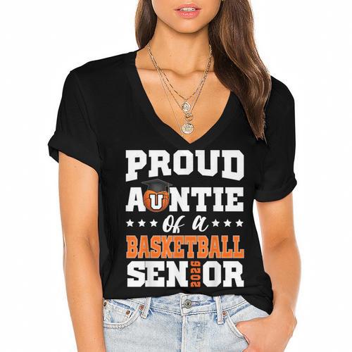 Proud Auntie Of a Basketball Senior 2026 Graduation Gifts Women's Jersey Short Sleeve Deep V-Neck Tshirt				 - Best Gift Smart