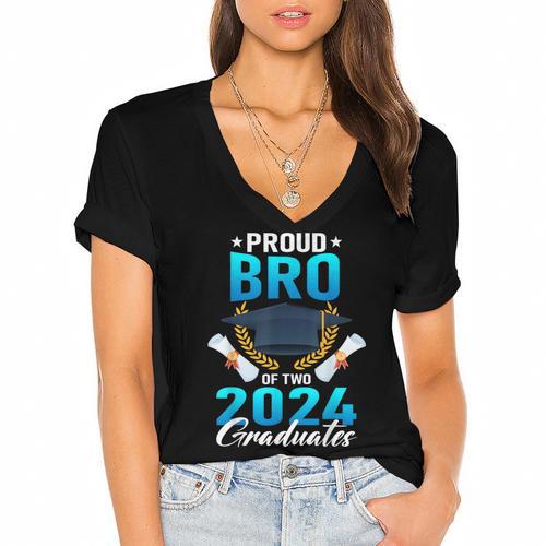 Proud Brother Of Two 2024 Graduates Twin Family Graduation Women's Jersey Short Sleeve Deep V-Neck Tshirt				 - Best Gift Smart