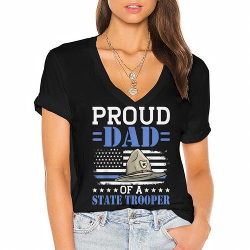 Proud Dad Of A State Trooper Police Officer Graduation Women's Jersey Short Sleeve Deep V-Neck Tshirt				 - Best Gift Smart