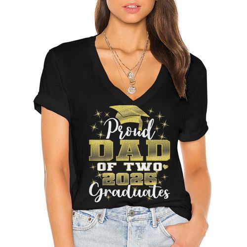Proud Dad Of Two 2025 Graduates Graduation Family Women's Jersey Short Sleeve Deep V-Neck Tshirt				 - Best Gift Smart
