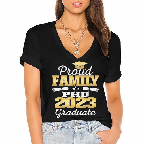 Proud Family Class Of 2023 PHD Graduate Doctorate Graduation Women's Jersey Short Sleeve Deep V-Neck Tshirt				 - Best Gift Smart
