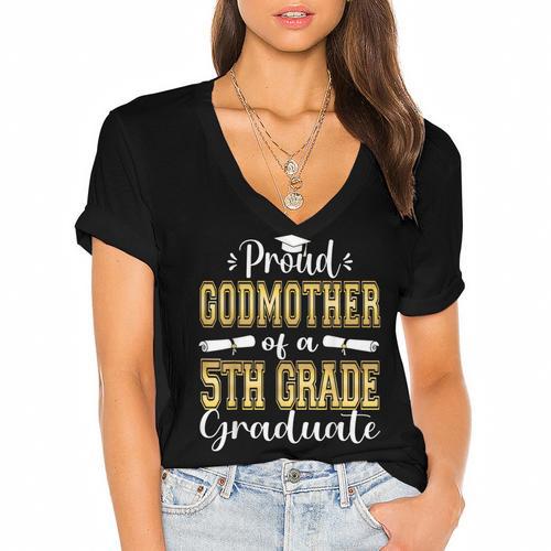 Proud Godmother Of 5th Grade Graduate 2023 Family Graduation Women's Jersey Short Sleeve Deep V-Neck Tshirt				 - Best Gift Smart