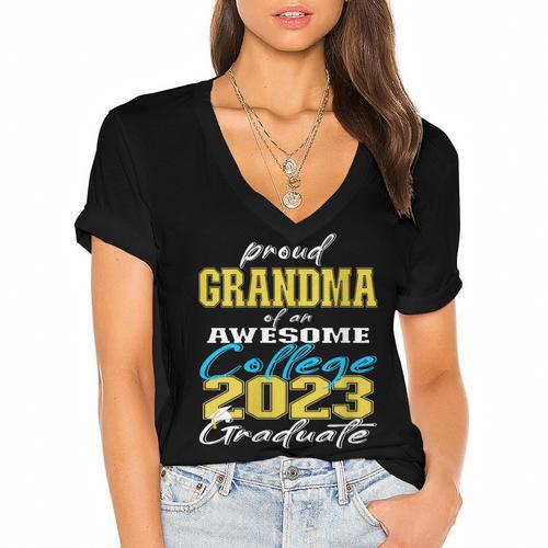 Proud Grandma Of 2023 College Graduate Family 23 Graduation Women's Jersey Short Sleeve Deep V-Neck Tshirt				 - Best Gift Smart
