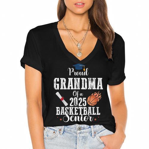 Proud Grandma Of 2025 Basketball Senior Graduation Day Women's Jersey Short Sleeve Deep V-Neck Tshirt				 - Best Gift Smart