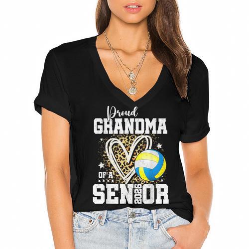 Proud Grandma Of A 2026 Senior Volleyball Graduation Leopard Women's Jersey Short Sleeve Deep V-Neck Tshirt				 - Best Gift Smart