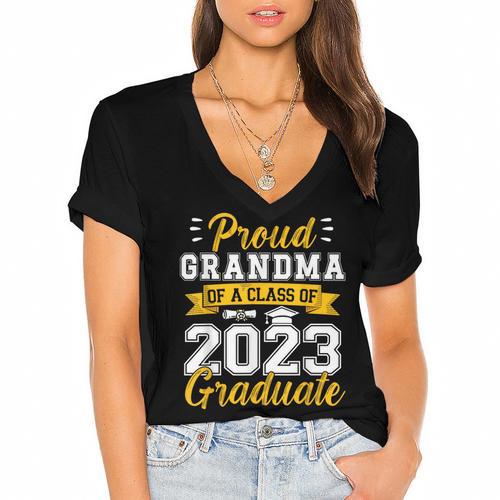 Proud Grandma Of a Class Of 2023 Graduate Senior Graduation Women's Jersey Short Sleeve Deep V-Neck Tshirt				 - Best Gift Smart