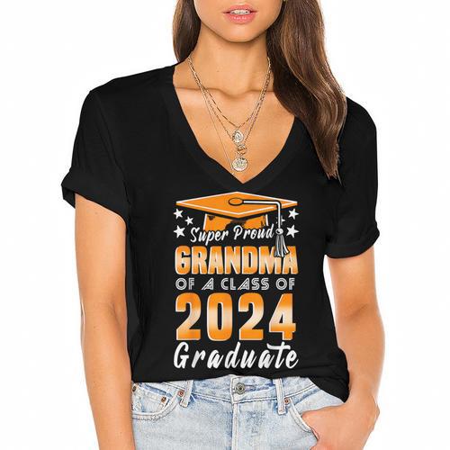 Proud Grandma Of A Class Of 2024 Matching Family Graduation Women's Jersey Short Sleeve Deep V-Neck Tshirt				 - Best Gift Smart