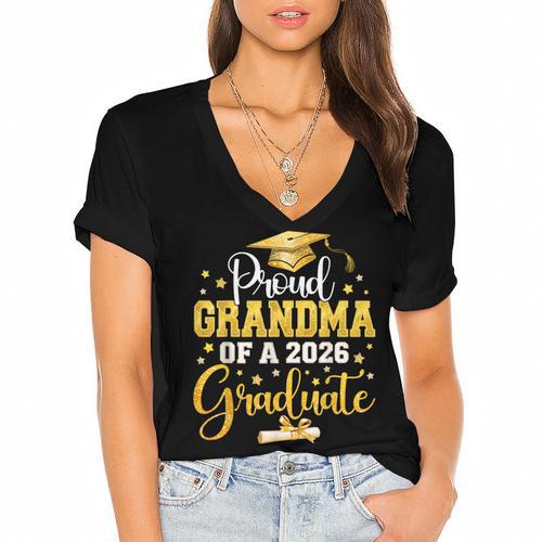 Proud Grandma Of A Class Of 2026 Graduate Senior Graduation Women's Jersey Short Sleeve Deep V-Neck Tshirt				 - Best Gift Smart