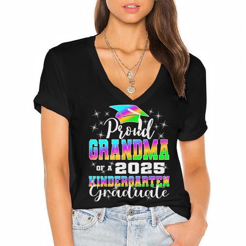 Proud Grandma Of Kindergarten Graduate 2025 Graduation Women's Jersey Short Sleeve Deep V-Neck Tshirt				 - Best Gift Smart