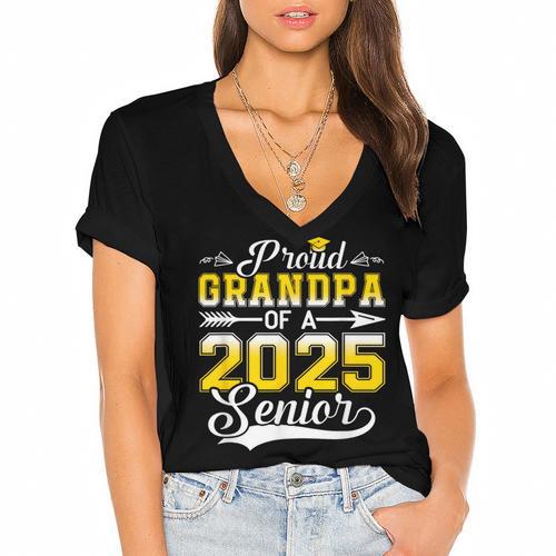 Proud Grandpa Of a 2025 Senior Graduate Graduation Women's Jersey Short Sleeve Deep V-Neck Tshirt - Best Gift Smart