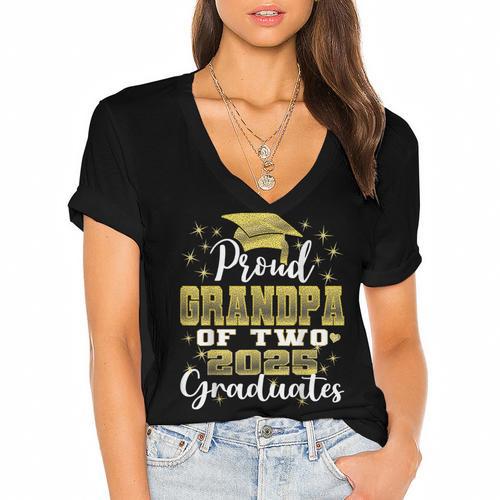 Proud Grandpa Of Two 2025 Graduates Graduation Family Women's Jersey Short Sleeve Deep V-Neck Tshirt				 - Best Gift Smart