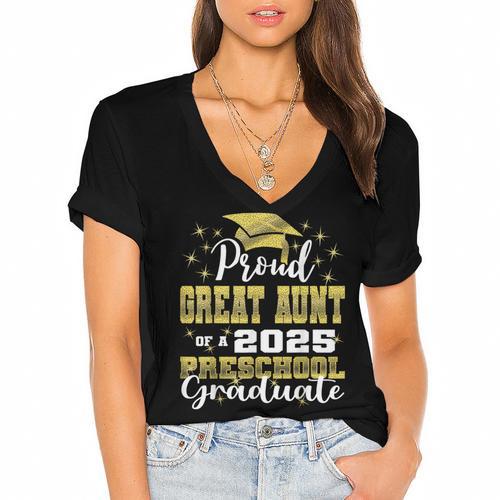 Proud Great Aunt Of Preschool Graduate 2025 Graduation Women's Jersey Short Sleeve Deep V-Neck Tshirt				 - Best Gift Smart