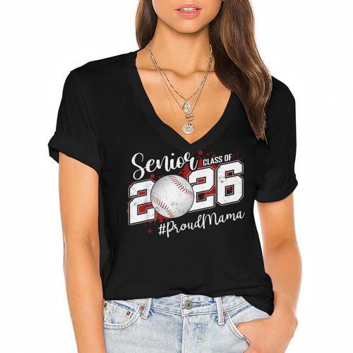 Proud Mama Of A 2026 Senior Baseball Graduation Mom Women's Jersey Short Sleeve Deep V-Neck Tshirt				 - Best Gift Smart