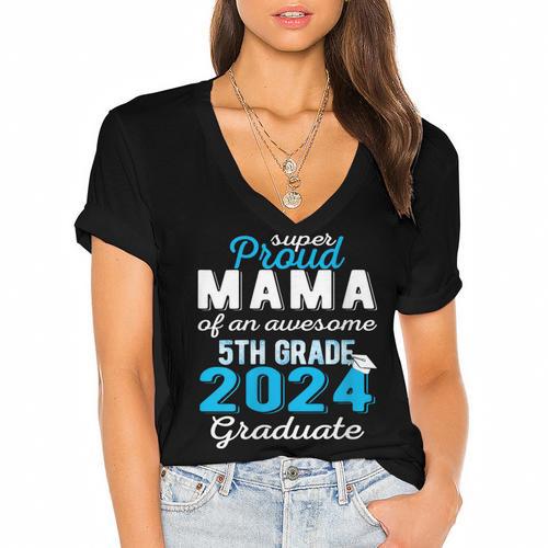 Proud Mama Of 5th Grade Graduate 2024 Elementary Graduation Women's Jersey Short Sleeve Deep V-Neck Tshirt				 - Best Gift Smart