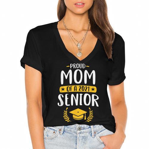 Proud Mom Of A 2021 Senior Shirt Class Graduation 2021 Mommy Women's Jersey Short Sleeve Deep V-Neck Tshirt				 - Best Gift Smart