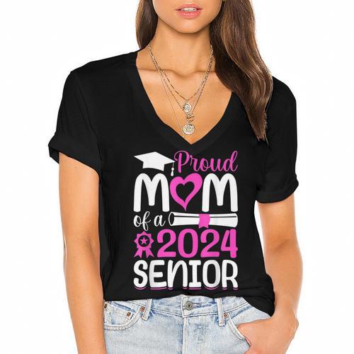 Proud Mom Of A 2024 Senior Graduation Women's Jersey Short Sleeve Deep V-Neck Tshirt				 - Best Gift Smart
