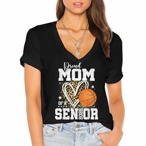 Proud Mom Of A 2026 Senior Basketball Graduation Leopard Women's Jersey Short Sleeve Deep V-Neck Tshirt - Best Gift Smart
