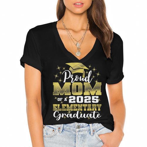 Proud Mom Of 5th Grade Graduate 2025 Elementary Graduation Women's Jersey Short Sleeve Deep V-Neck Tshirt				 - Best Gift Smart