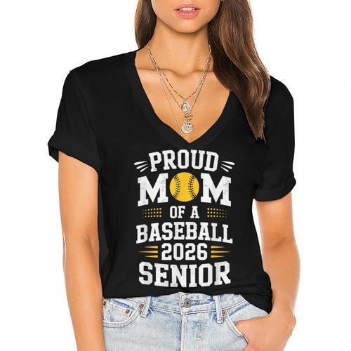 Proud Mom Of Baseball Senior 2026 Graduation Women's Jersey Short Sleeve Deep V-Neck Tshirt - Best Gift Smart