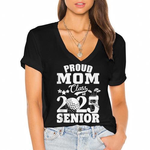 Proud Mom Class Of 2025 Graduation Senior Golf Player Mom Women's Jersey Short Sleeve Deep V-Neck Tshirt - Best Gift Smart