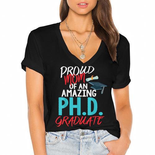 Proud Mom PhD Doctoral Graduation Doctorate Degree Women's Jersey Short Sleeve Deep V-Neck Tshirt				 - Best Gift Smart