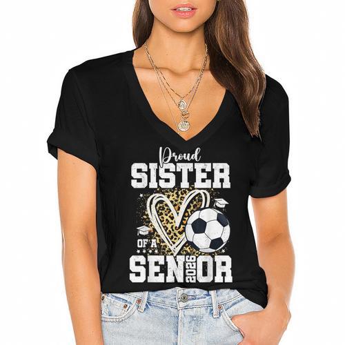Proud Sister Of A 2026 Senior Soccer Graduation Leopard Women's Jersey Short Sleeve Deep V-Neck Tshirt				 - Best Gift Smart