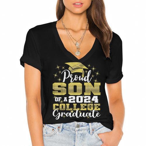 Proud Son Of 2024 College Graduate Family 24 Graduation Women's Jersey Short Sleeve Deep V-Neck Tshirt				 - Best Gift Smart