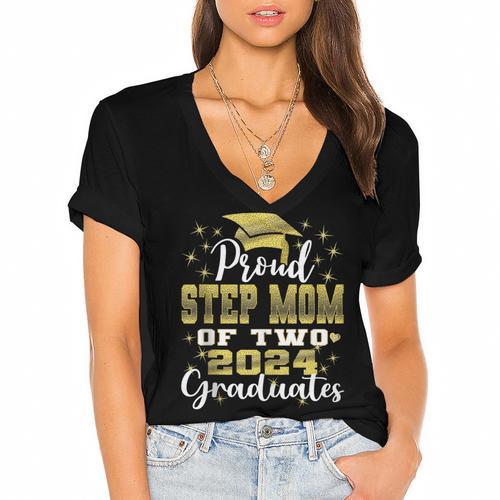 Proud Step Mom Of Two 2024 Graduate Class 2024 Graduation Women's Jersey Short Sleeve Deep V-Neck Tshirt				 - Best Gift Smart