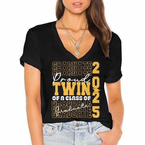 Proud Twin Of a 2025 Graduate Grad Prom Graduation Squad 25 Women's Jersey Short Sleeve Deep V-Neck Tshirt				 - Best Gift Smart