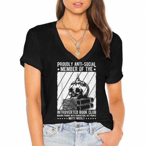 PROUDLY ANTI-SOCIAL MEMBER OF THE Introverted Book Club Women's Jersey Short Sleeve Deep V-Neck Tshirt				 - Bookorys CA