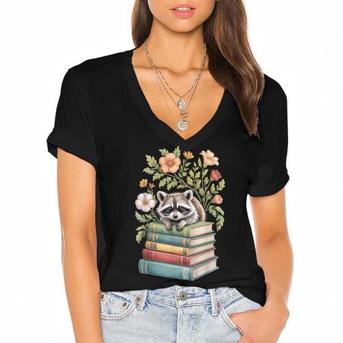 Raccoon Books Reading Flowers Women's Jersey Short Sleeve Deep V-Neck Tshirt				 - Bookorys CA