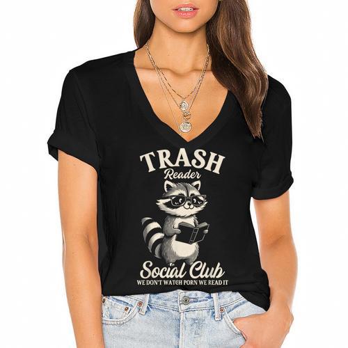 Raccoon Bookworm Readers Library Smut Reader Spicy Book Romance Rash Reader Social Club Women's Jersey Short Sleeve Deep V-Neck Tshirt				 - Bookorys