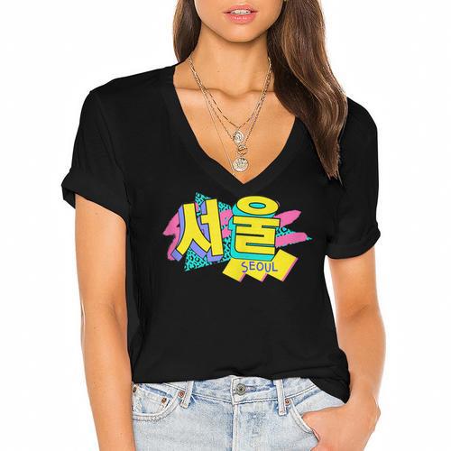 Rad Retro Seoul 90s Style Vintage South Korea 90s Nostalgia Women's Jersey Short Sleeve Deep V-Neck Tshirt - Figerry