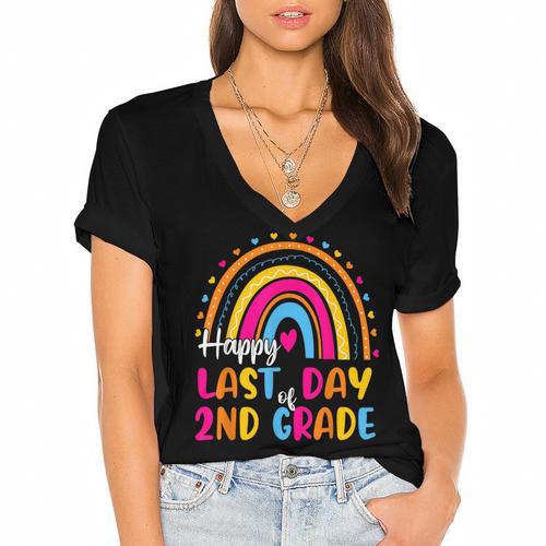 Rainbow Last Day Of 2nd Grade Teacher Student Graduation For Men Women Kids Women's Jersey Short Sleeve Deep V-Neck Tshirt - Best Gift Smart