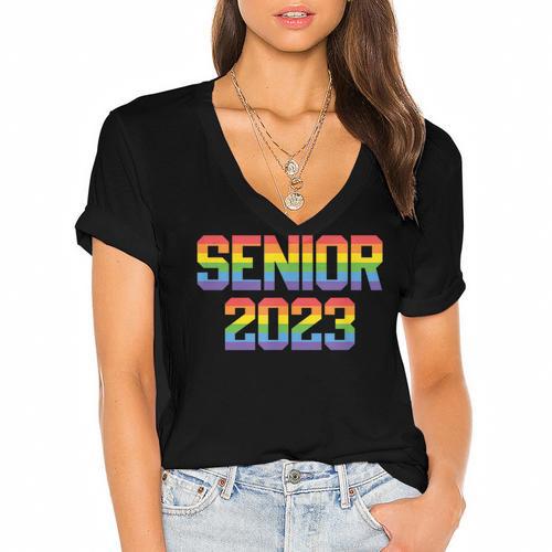Rainbow LGBT Pride Senior 2023 Graduation Women's Jersey Short Sleeve Deep V-Neck Tshirt - Best Gift Smart