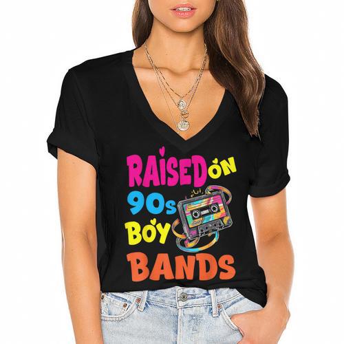 Raised On 90s Boy Bands Nostalgia Love Women Men Women's Jersey Short Sleeve Deep V-Neck Tshirt - Figerry