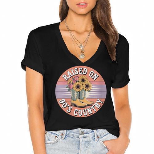 Raised On 90’s Country Women Retro Western Music Nostalgia Women's Jersey Short Sleeve Deep V-Neck Tshirt - Figerry