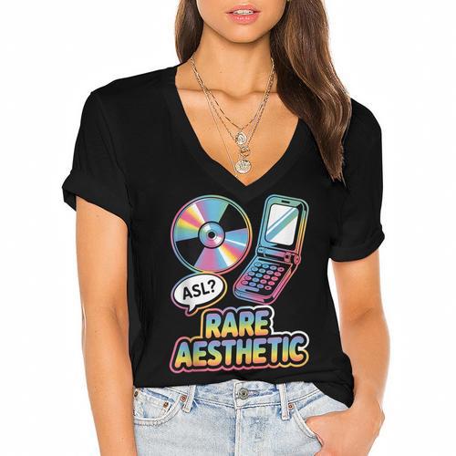 Rare Aesthetic Retro Nostalgia Y2K Vibes Women's Jersey Short Sleeve Deep V-Neck Tshirt - Figerry